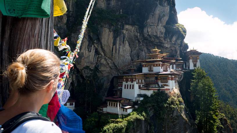 Het Tijgernest bij Paro. Een fikse wandeling vanuit het vertrekpunt (op 2650m hoogte).